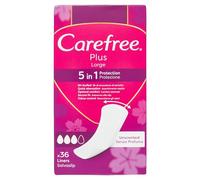 Carefree Salvaslips Plus Large sin perfume, Salva slip mujer extra ancho con protección 5 en 1 para 8 h de sensación de seco, absorbentes sin perfume ultrafinos para uso diario, 36 compresas