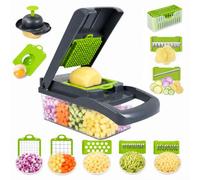 Carehabi Cortador de Verduras Mandolina Multifunción, Picadora de Cebolla Manual con 7 Cuchillas de Acero Inoxidable para Ensalada Patatas con Cesta Escurridora, Gris