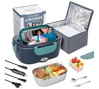 Carehabi Fiambrera Eléctrica 60W, lancheira Electrica 1,5L en Coche Camión y Oficina 12V 24V 220V, Calentador de Comida Portátil con Bolsa Térmica y Cubiertos, Acero Inoxidable