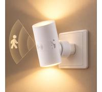Carehabi Luz Nocturna Sensor Movimiento, Enchufe Giratorio 90° | Regulable 5-100%, Luz Arriba/Abajo, 3000K Cálida para Pasillo, Baño. Material Ignífugo, Blanco.