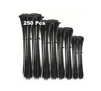 Carehabi Pack de 250 Bridas de Plástico Negras (Nylon 66) - Bridas de Nylon Resistentes a los Rayos UV y Calor - 4 Tamaños (100/150/200/300mm) - Kit Organizador de Cables para Jardín, Taller y Bricola
