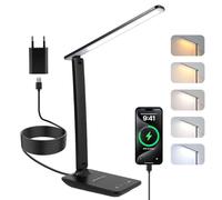 Carehabi Potente lámpara de escritorio, 5 modos de color y 5 niveles de brillo - Rotación en 3 ejes - Protección ocular - Lámpara de lectura con puerto USB y función de memoria,Negro