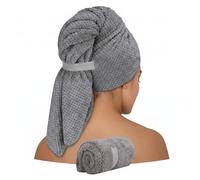 Carehabi Toalla para el secador de Pelo, 100 x 60 cm, Extragrande, Toalla de Microfibra Muy Absorbente, Color Antracita con Banda elástica en Lugar de botón, Turbante de Secado rápido para Pelo Largo