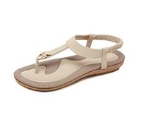 CARETOO Sandalias Mujer Planas Verano Bohemia Estilo Rhinestone Flor Tobillo Correa Damas Zapatos Elástica Casuales de Playa Elegantes Chanclas (Beige, 43 EU)