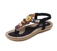 CARETOO Sandalias Mujer Planas Verano Bohemia Estilo Rhinestone Flor Tobillo Correa Damas Zapatos Elástica Casuales de Playa Elegantes Chanclas (Negro, 44 EU)