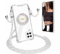 Carga Inalámbrica Funda con Cuerda Compatible con Samsung Galaxy A12 Case,Ajustable Colgante Collar Correa de Cuello Cadena Cordón Case,360 Anillo función de Soporte Cubierta -Blanco