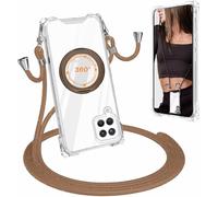 Carga Inalámbrica Funda con Cuerda Compatible con Samsung Galaxy A12 Case,Ajustable Colgante Collar Correa de Cuello Cadena Cordón Case,360 Anillo función de Soporte Cubierta -Marrón