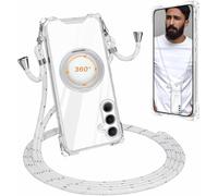 Carga Inalámbrica Funda con Cuerda Compatible con Samsung Galaxy A16 Case,Ajustable Colgante Collar Correa de Cuello Cadena Cordón Case,360 Anillo función de Soporte Cubierta -Blanco