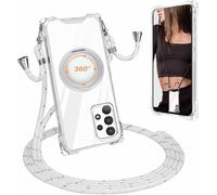 Carga Inalámbrica Funda con Cuerda Compatible con Samsung Galaxy A32 5G Case,Ajustable Colgante Collar Correa de Cuello Cadena Cordón Case,360 Anillo función de Soporte Cubierta -Blanco