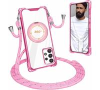 Carga Inalámbrica Funda con Cuerda Compatible con Samsung Galaxy A53 Case,Ajustable Colgante Collar Correa de Cuello Cadena Cordón Case,360 Anillo función de Soporte Cubierta -Rosa