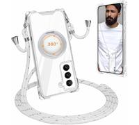 Carga Inalámbrica Funda con Cuerda Compatible con Samsung Galaxy S21 Case,Ajustable Colgante Collar Correa de Cuello Cadena Cordón Case,360 Anillo función de Soporte Cubierta -Blanco