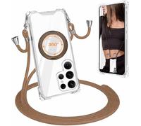 Carga Inalámbrica Funda con Cuerda Compatible con Samsung Galaxy S23 Ultra Case,Ajustable Colgante Collar Correa de Cuello Cadena Cordón Case,360 Anillo función de Soporte Cubierta -Marrón
