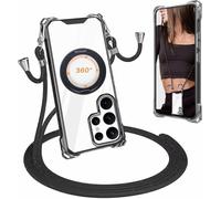 Carga Inalámbrica Funda con Cuerda Compatible con Samsung Galaxy S24 Ultra Case,Ajustable Colgante Collar Correa de Cuello Cadena Cordón Case,360 Anillo función de Soporte Cubierta -Negro
