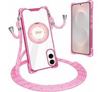 Carga Inalámbrica Funda con Cuerda Compatible con Samsung Galaxy S25 FE Case,Ajustable Colgante Collar Correa de Cuello Cadena Cordón Case,360 Anillo función de Soporte Cubierta -Rosa