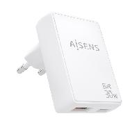 Cargador de Pared GaN Aisens ASCH-30W2P074-W/ 1xUSB Tipo-C/ 1xUSB/ 30W/ Blanco
