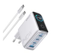 Cargador Anker 140W, Carga Rápida, Qi Pantalla inteligente, 3 USB-C, 1 USB-A,Touch control, Plata