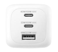 Belkin Cargador USB-C, 3 Puertos, Cargador GAN de 100 W, 2 USB-C y 1 USB-A, Enchufe EU, UK, USA, Carga Rápida para MacBook, iPhone, iPad Pro, Samsung Galaxy, Google Pixel, etc - Blanco