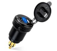 Cargador Coche USB Carga Rapida, Adaptador DIN a Doble QC 3.0 USB para Motocicleta con Pantalla de Voltímetro, Cargador Mechero Coche para BMW Motocicletas de 12V/24V