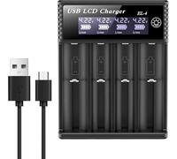 Cargador de 4 Ranuras para 18650, Cargador Universal de baterías con Pantalla LCD y USB-C para baterías de Litio -Ion 10440 14500 16340 17335 17500 17650 18350 18500 18700 25500 1,2 V NI-MH NI-CD
