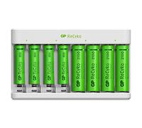 Cargador de 8 Ranuras para Pilas Recargables AA/AAA NiMH | GP RECYKO | Incluye 4 Baterías Recargables AA2100mAh y 4 Baterías Recargables AAA 850mAh - Cargador USB