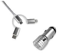 cargador de coche 2 x usb + usb 3 en 1 2.4 a plata