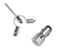 Cargador de Coche Subblim SUB-CHG-4CC001/ 2xUSB + Cable USB 3 en 1/ 2.4A/ Plata