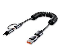 Cargador de coche 4 en 1, cable en espiral, cable de carga rápida USB C retráctil con conector iOS y adaptador micro USB, cable de datos multifuncional de 1,5 m para smartphone y tableta, compatible