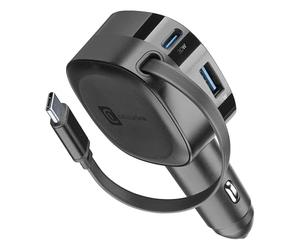 Cargador de Coche Retráctil Cellularline 60W con Cable USB-C a USB-C de 70 cm Power Delivery 30W + Puerto USB-C 30W + USB-A 18W QC, Salida Total 60W, para Smartphones y Tablets, 12V/24V