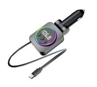 Cargador de coche USB dual de 45 W, adaptador de carga rápida, cable retráctil, luz ambiental LED para reproductor de radio FM para coches y camiones (color metálico)