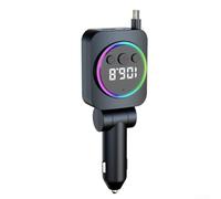 Cargador de coche USB dual de 45 W, adaptador de carga rápida, cable retráctil, luz ambiental LED para reproductor de radio FM para coches y camiones (negro)