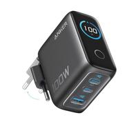 Cargador de Pared Anker 100W, Carga Rápida, Qi Pantalla inteligente, 2 USB-C, 1 USB-A, Negro