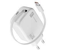 Cargador de Pared Cellularline 30W con Cable USB-C Retráctil de 90 cm, Tecnología GAN, Doble Puerto USB-C Power Delivery, Compacto para Smartphones y Tablets, Blanco