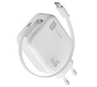 Cargador de Pared Cellularline 65W con Cable USB-C Retráctil de 90 cm, Tecnología GAN, Doble Puerto USB-C Power Delivery, Compacto para Smartphones, Tablets y Portátiles, Blanco