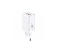 Cargador de pared de carga rápida USB-C/USB con suministro de energía GaN USAMS de 47 W, color blanco.