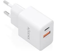 AISENS Cargador GAN 20 W, 1 x USB-C PD3.0, 1 x USB-A QC3.0, Blanco