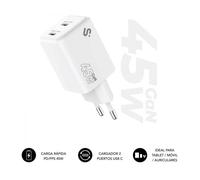 Cargador de pared gan subblim 45w charger usb c+c/ 2xusb tipo-c/ 45w