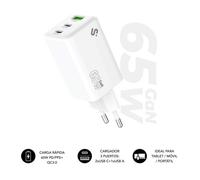 Cargador de pared gan subblim 65w charger usb c+c+a/ 2xusb tipo-c/ 1xusb/ 65w