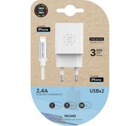 Cargador de Pared TECH ONE TECH TEC2402 2xUSB 2.4A Blanco con Cable Lightning 1m Nylon