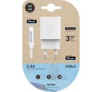 Cargador de Pared Tech One Tech TEC2402/ 2xUSB + Cable Lightning/ 12W/ Blanco