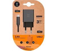 Cargador de Pared TECH ONE TECH TEC2423 2xUSB 2.4A con Cable USB Tipo-C Negro