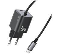 Cargador de pared USAMS GaN de 20 W con 2 puertos USB-C, color negro.