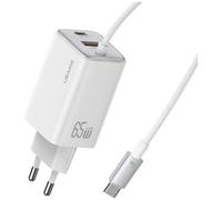 Cargador de pared USAMS GaN de 65 W con carga rápida, 2 puertos USB-C y USB-A, color blanco.