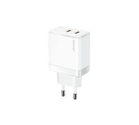 Cargador de pared USAMS GaN Power Delivery de 40 W con 2 puertos USB-C, color blanco.