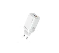 Cargador de pared USAMS GaN Power Delivery de 65 W con 2 puertos USB-C/USB, color blanco.