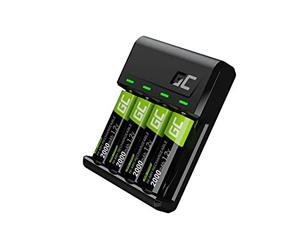 Cargador de Pilas Green Cell VitalCharger + 4 Pilas AA 2000mAh para baterías Ni-MH AAA R6 R03. Micro USB y USB-C. Sistema de Carga de 4 Canales: Carga de 1 a 4 Pilas AA o AAA