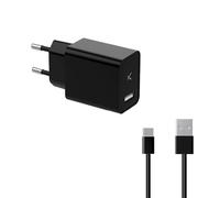 Cargador de Red KSIX 12 W, USB-A + Cable USB-A a USB-C 1 m, Negro