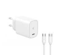 Cargador de Red KSIX 20 W, Power Delivery, Carga Ultra rápida, USB-C + Cable USB-C a USB-C 1 m, Blanco