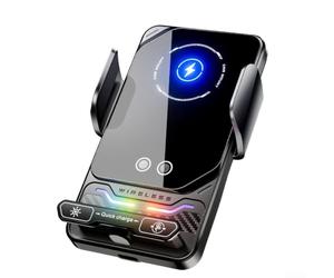 Cargador de teléfono móvil inalámbrico para coche con carga rápida de 15 W y abrazadera de inducción automática de plástico ABS en negro para una fijación segura en el vehículo