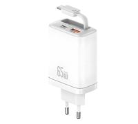 Cargador GaN de 65 W, 2 puertos USB PD/PPS/cable retráctil USBC de carga rápida
