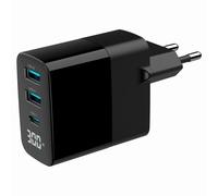 CARGADOR RAPIDO USB GEMBIRD GAN DE 3 PUERTOS Y 30 W, LCD, NEGRO